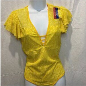 Colombian High Cut Bodysuit - Yellow & White Polka Dot -S/M